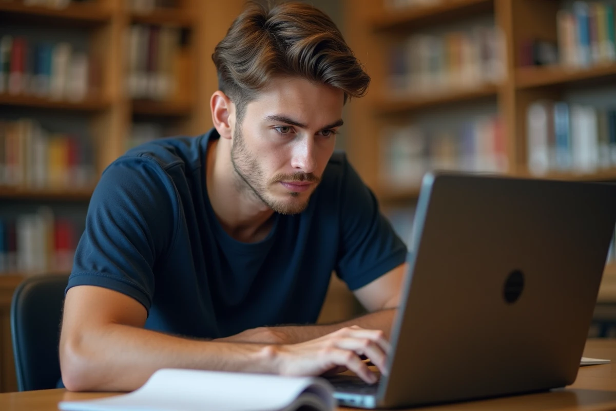 Jeune homme inspectant le clavier de son PC portable Dell dans une bibliothèque universitaire pour localiser une touche