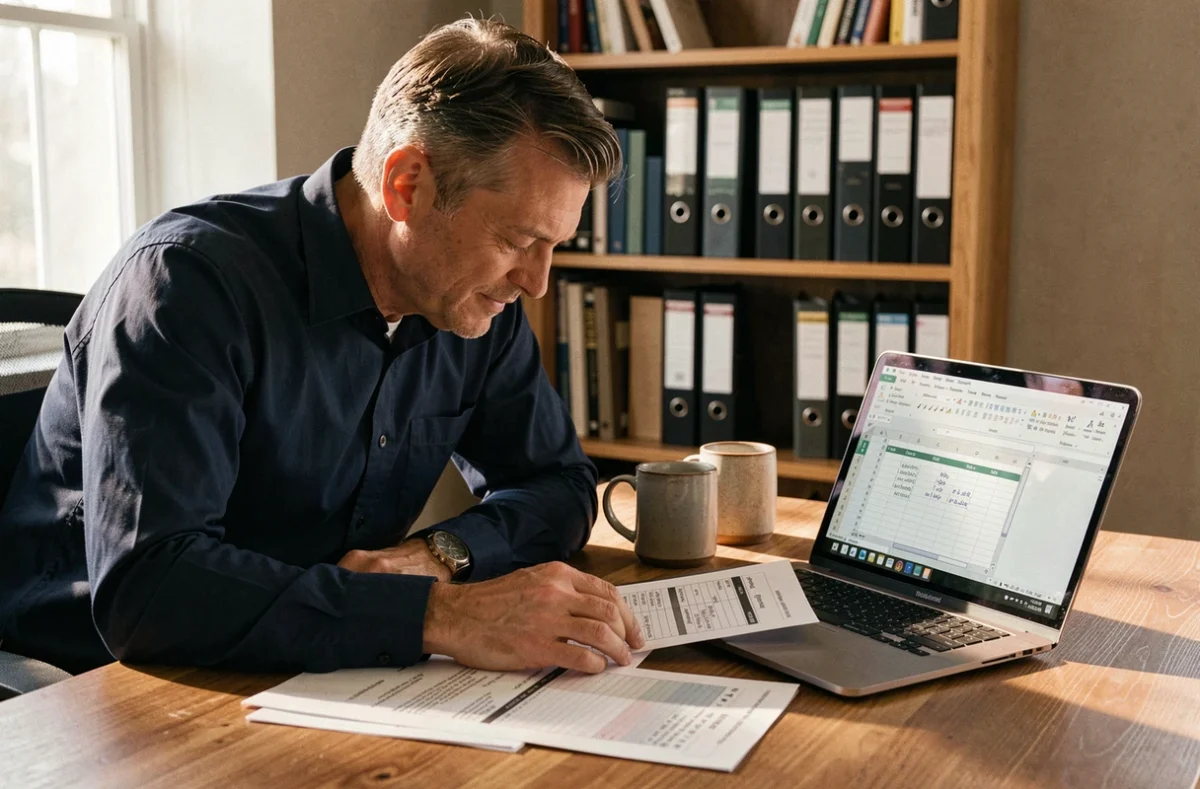 Homme comparant des calculs de dates Excel sur ordinateur portable et documents imprimés dans un bureau à domicile