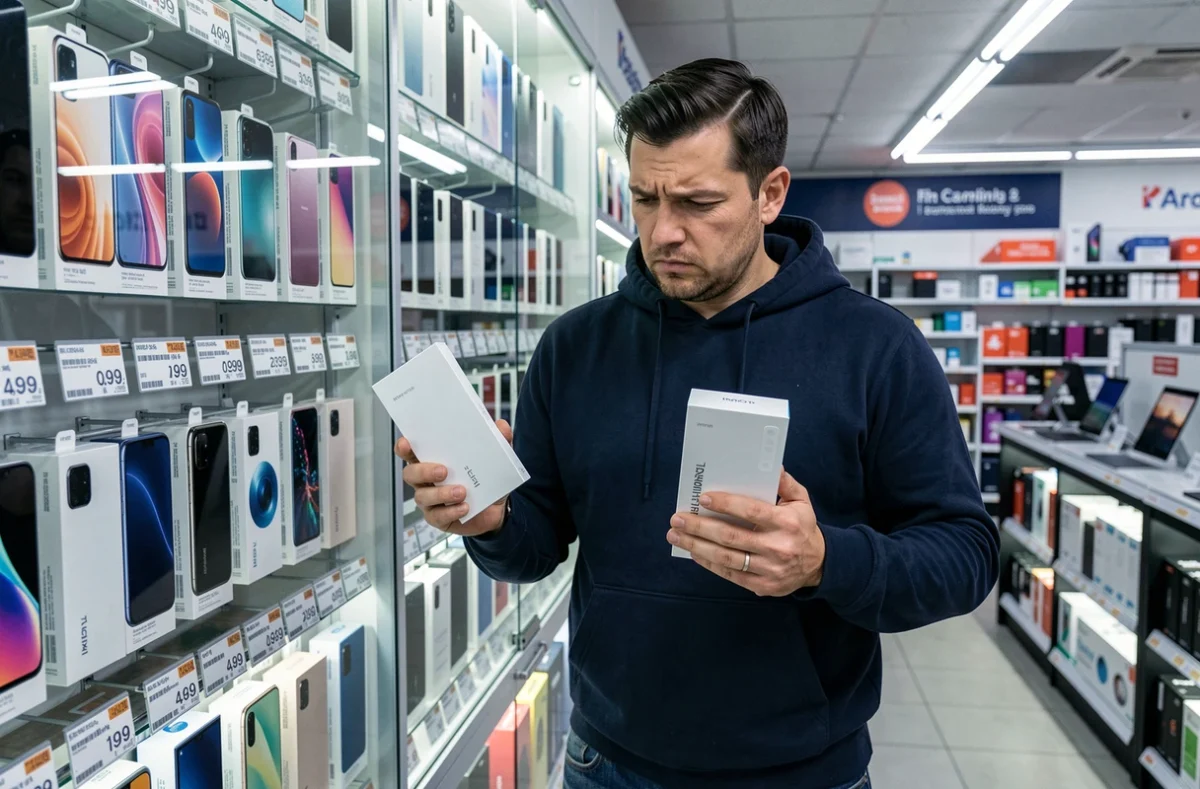 Homme comparant le Xiaomi 15 avec d'autres smartphones dans un magasin d'électronique pour évaluer le meilleur rapport qualité-prix