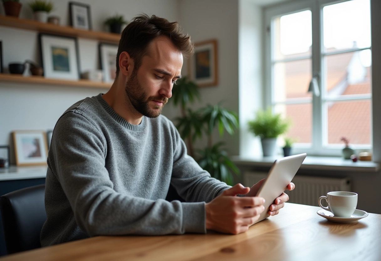 Homme au travail à domicile avec tablette et café