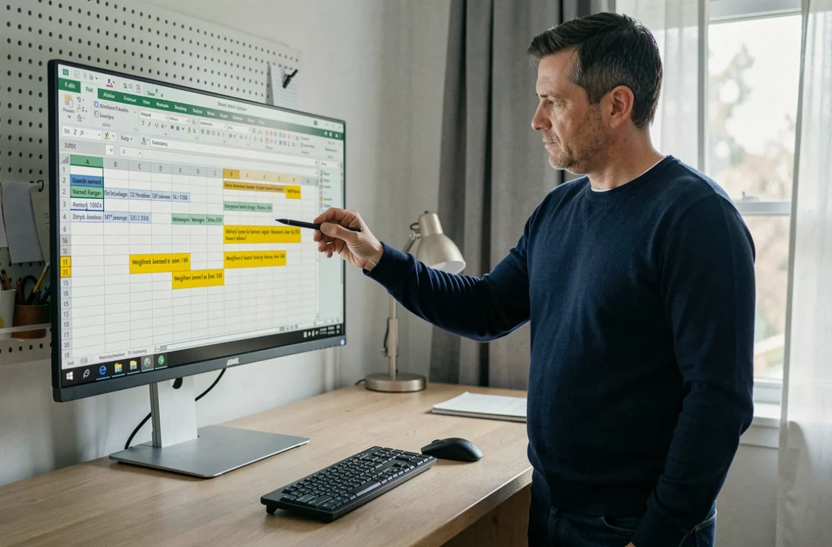 Homme pointant une formule de plage dynamique sur un grand écran Excel dans un bureau à domicile