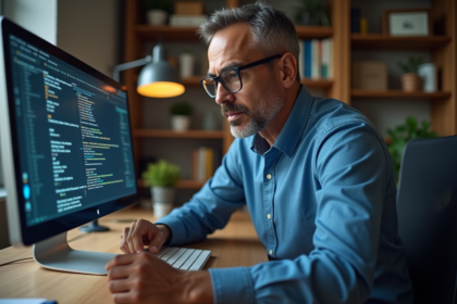 Homme en train d'examiner des logs sur un ordinateur dans un bureau moderne