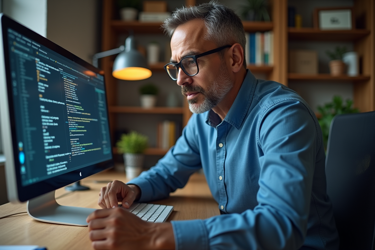 Homme en train d'examiner des logs sur un ordinateur dans un bureau moderne