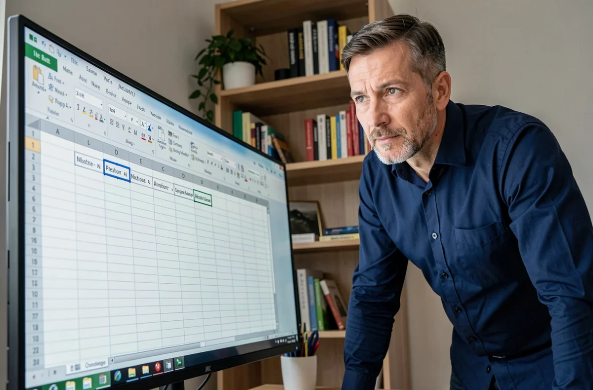 Homme utilisant Excel sur grand écran pour gérer les lignes vides et préserver les formules