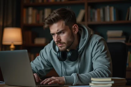 Homme frustré assis devant son ordinateur portable avec un casque autour du cou, illustrant un problème de conversion audio MP3