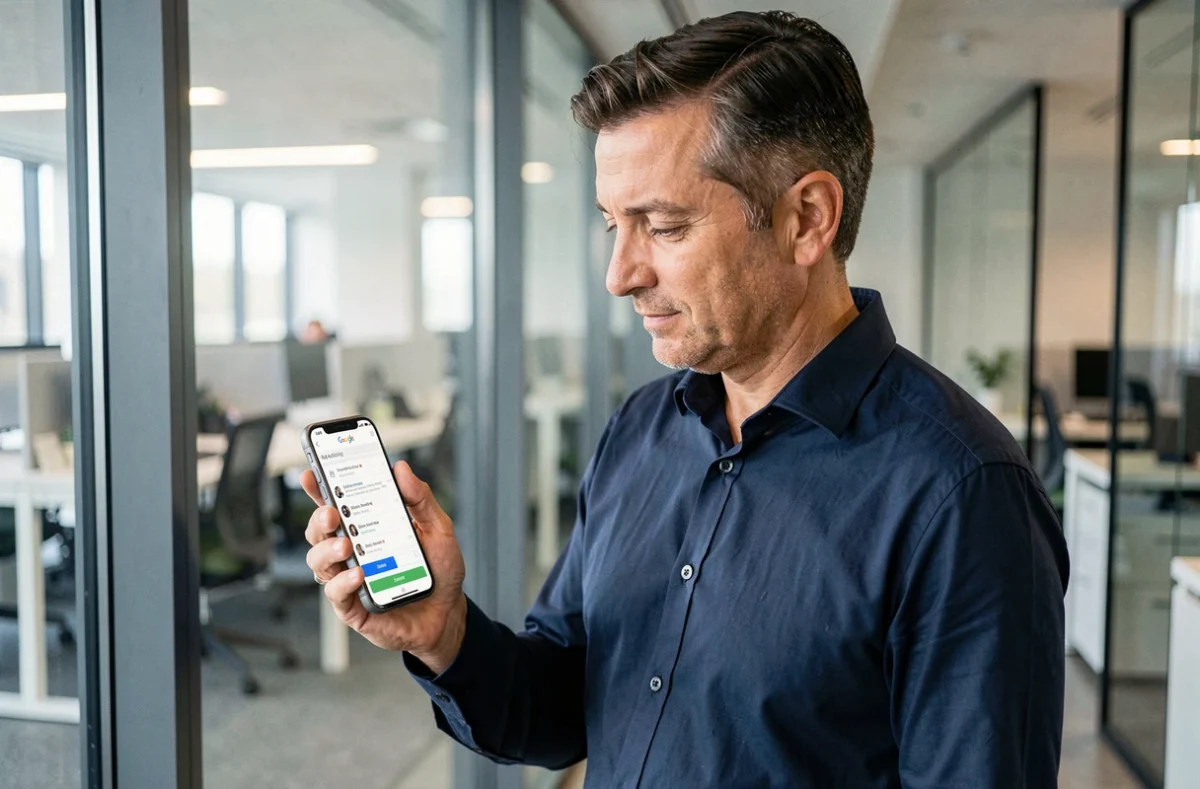 Un homme en bureau moderne consulte l'historique de ses activités Google sur son smartphone
