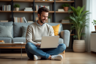 Homme détendu utilisant un ordinateur portable dans un salon cosy