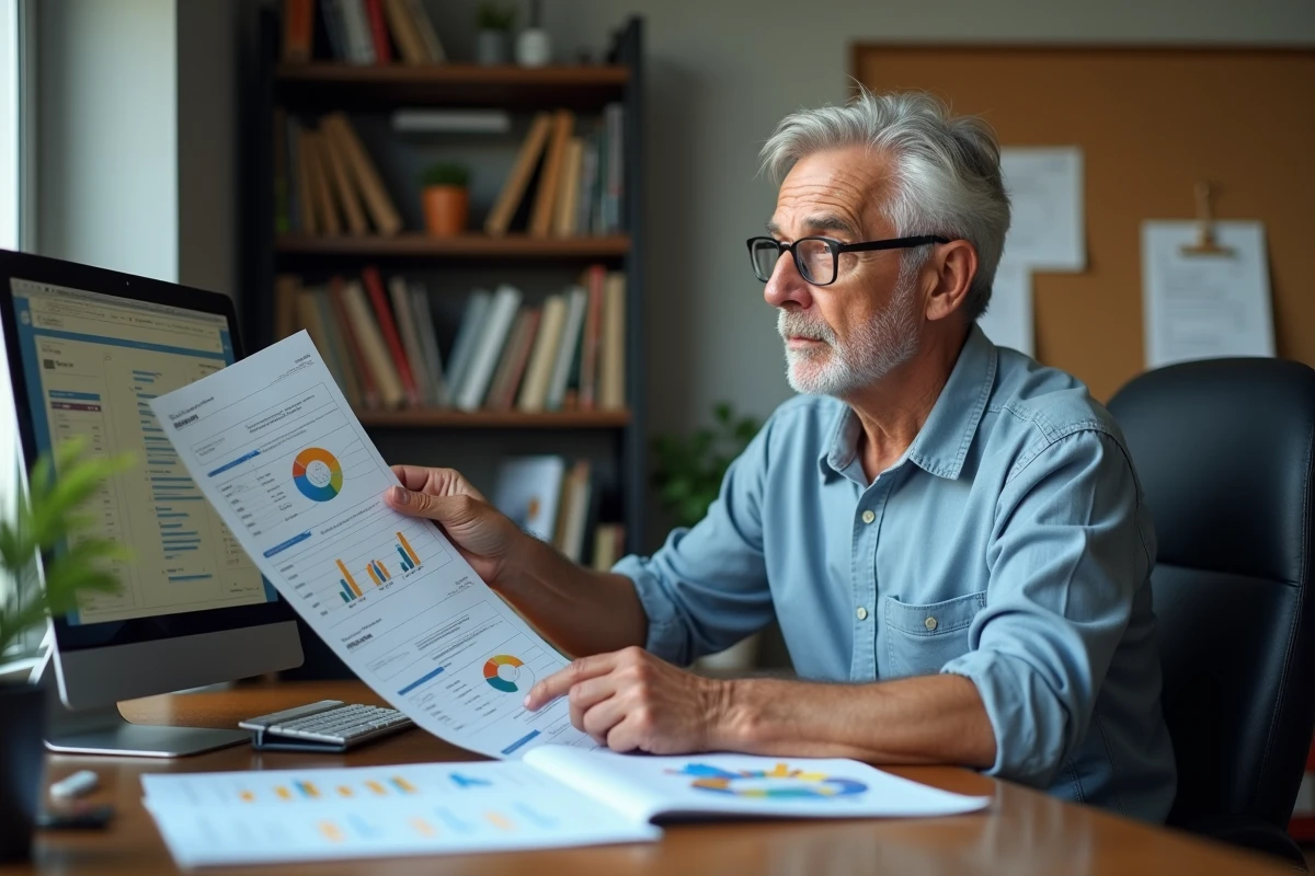 Homme âgé analysant un graphique dans son bureau à domicile