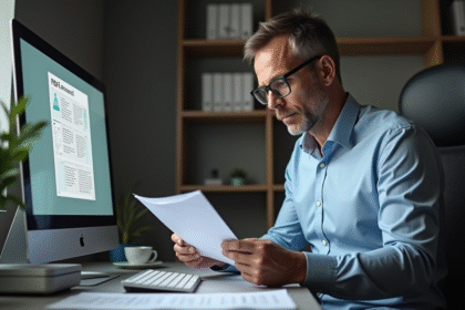 Homme d'âge moyen lisant un PDF sur écran avec scanner moderne