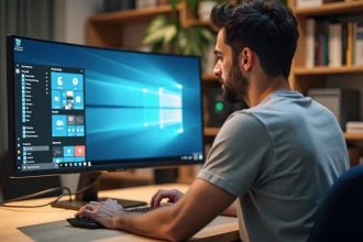 Homme utilisant un logiciel de nettoyage et réparation Windows sur un ordinateur de bureau dans un bureau à domicile