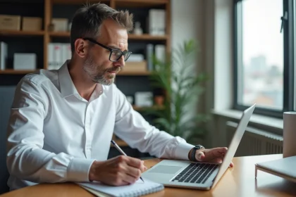 Homme d'âge moyen en chemise blanche travaillant sur un ordinateur dans un bureau lumineux