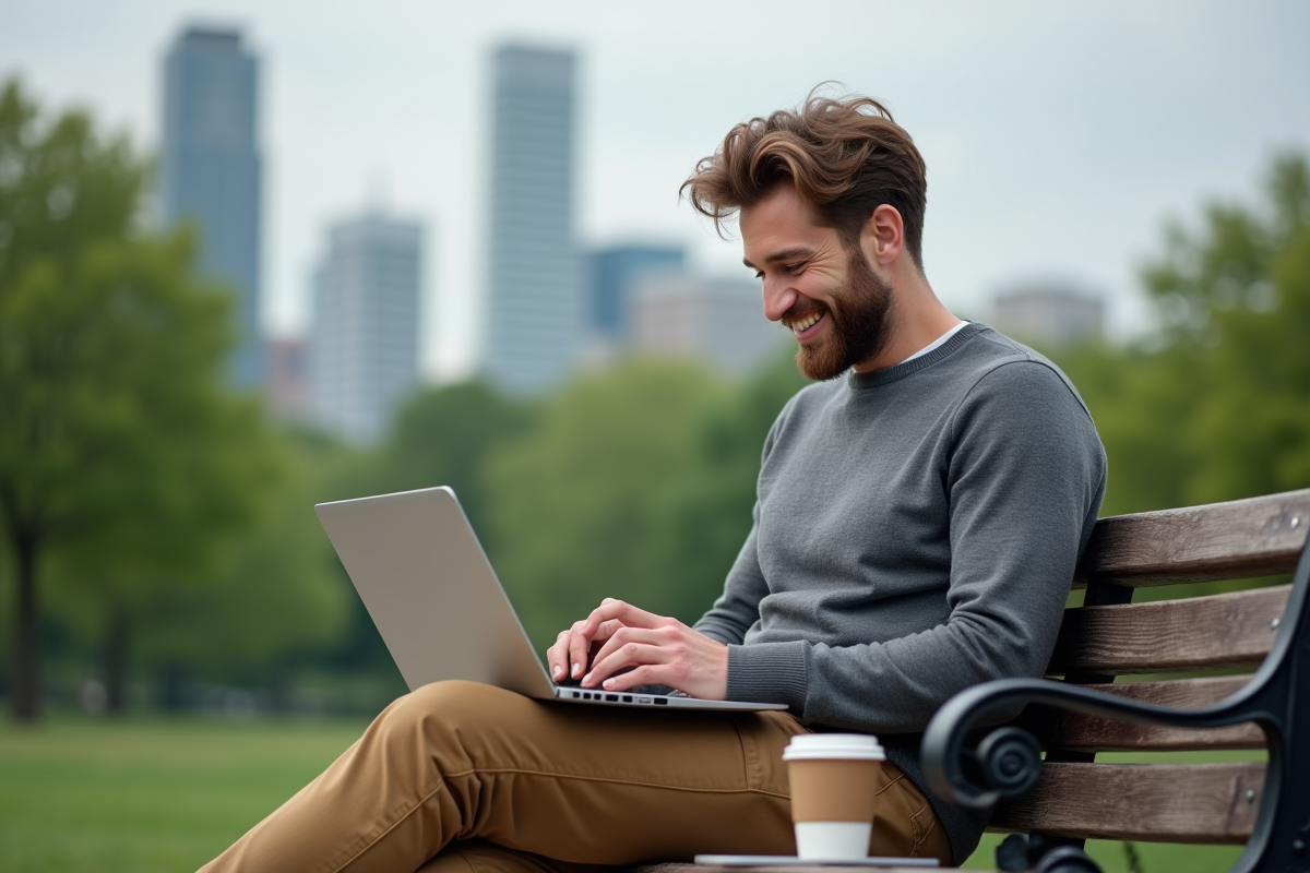 Homme détendu travaillant sur un ordinateur en plein air
