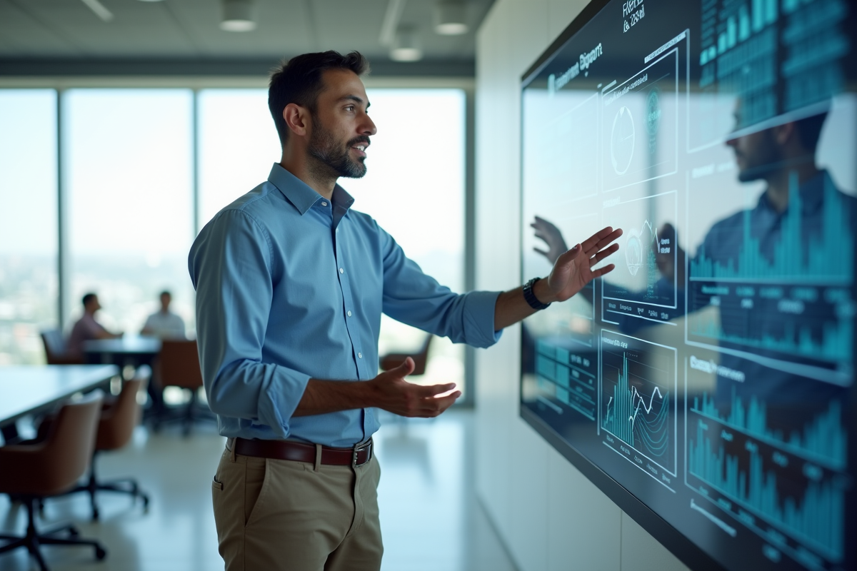 Homme expliquant des visualisations de données en réunion