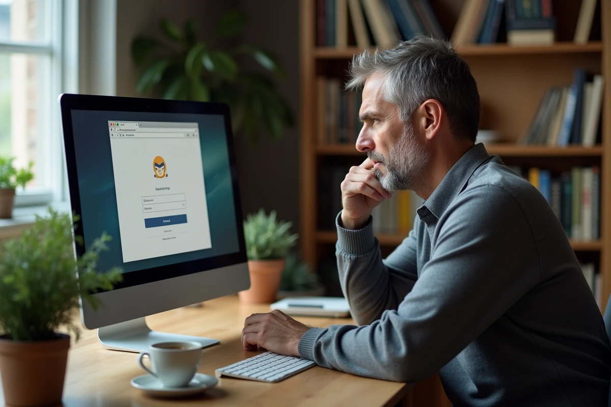 Homme à son bureau à domicile face à un problème de connexion webmail sur son ordinateur