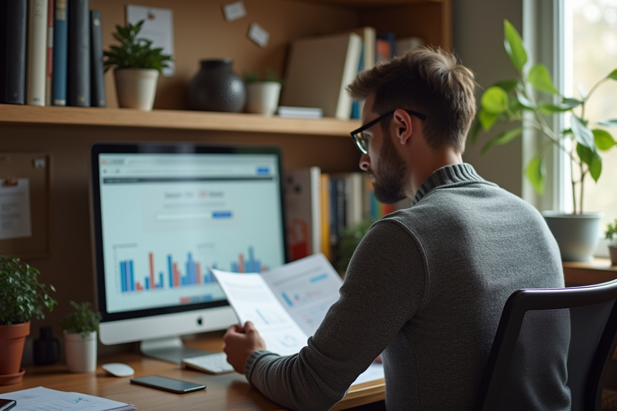 Homme analysant un rapport SEO dans un bureau cosy