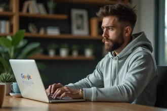 Jeune homme perplexe devant son ordinateur portable cherchant à activer l'effet Do a Barrel Roll sur Google Chrome