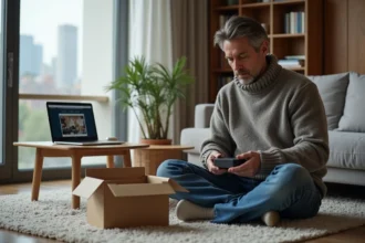 Homme d'âge moyen examinant une box TV dans un salon moderne
