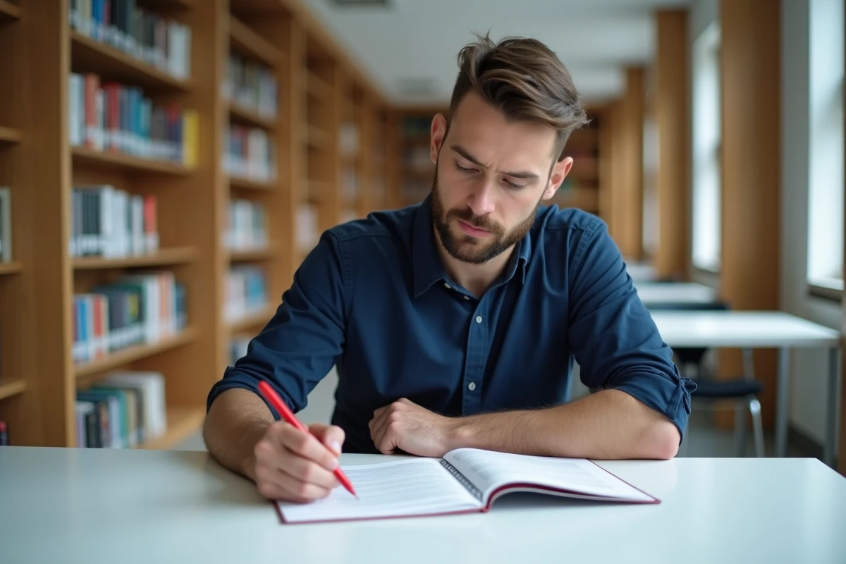 Homme relisant attentivement un texte avec un stylo rouge dans une bibliothèque calme pour corriger ses fautes d'orthographe