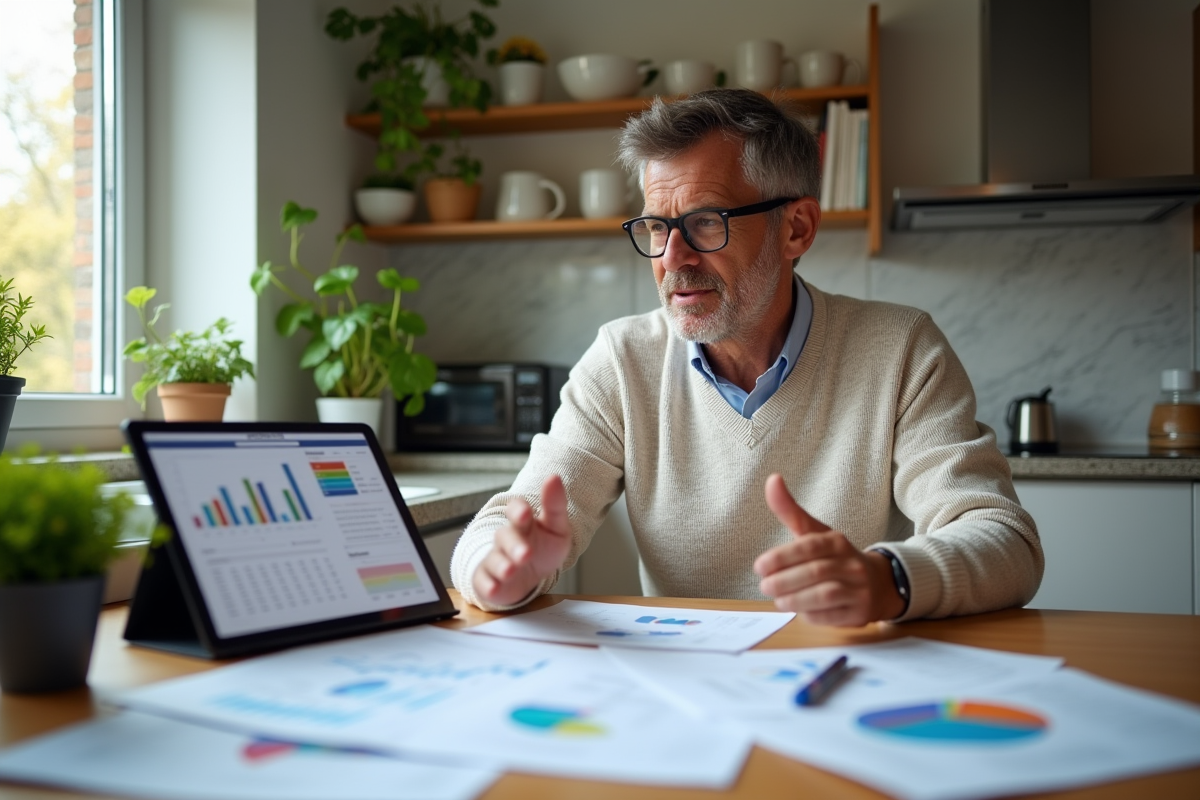 Homme discutant de rapports de mots clés dans la cuisine
