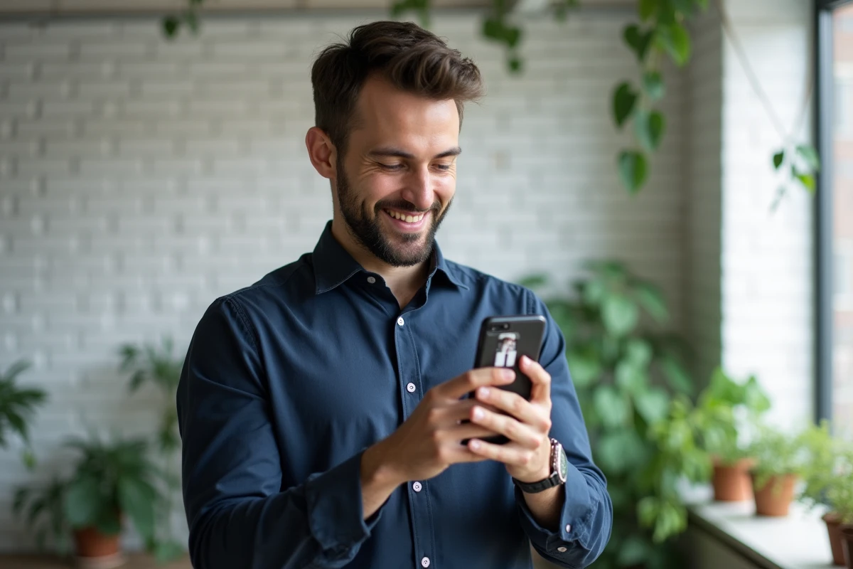 Homme consultant les statistiques de stories Instagram avec des stickers GIF animés sur smartphone dans un loft