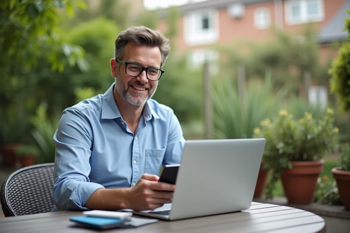 Homme en télétravail dans un jardin avec ordinateur portable