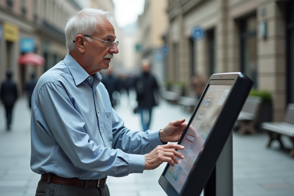 Homme âgé examinant un kiosque d information en ville