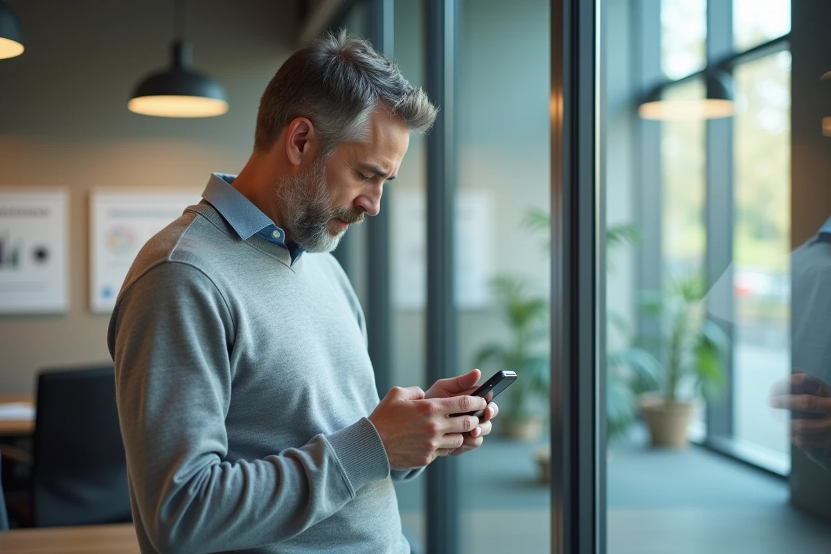 Homme vérifiant son smartphone dans un bureau public moderne