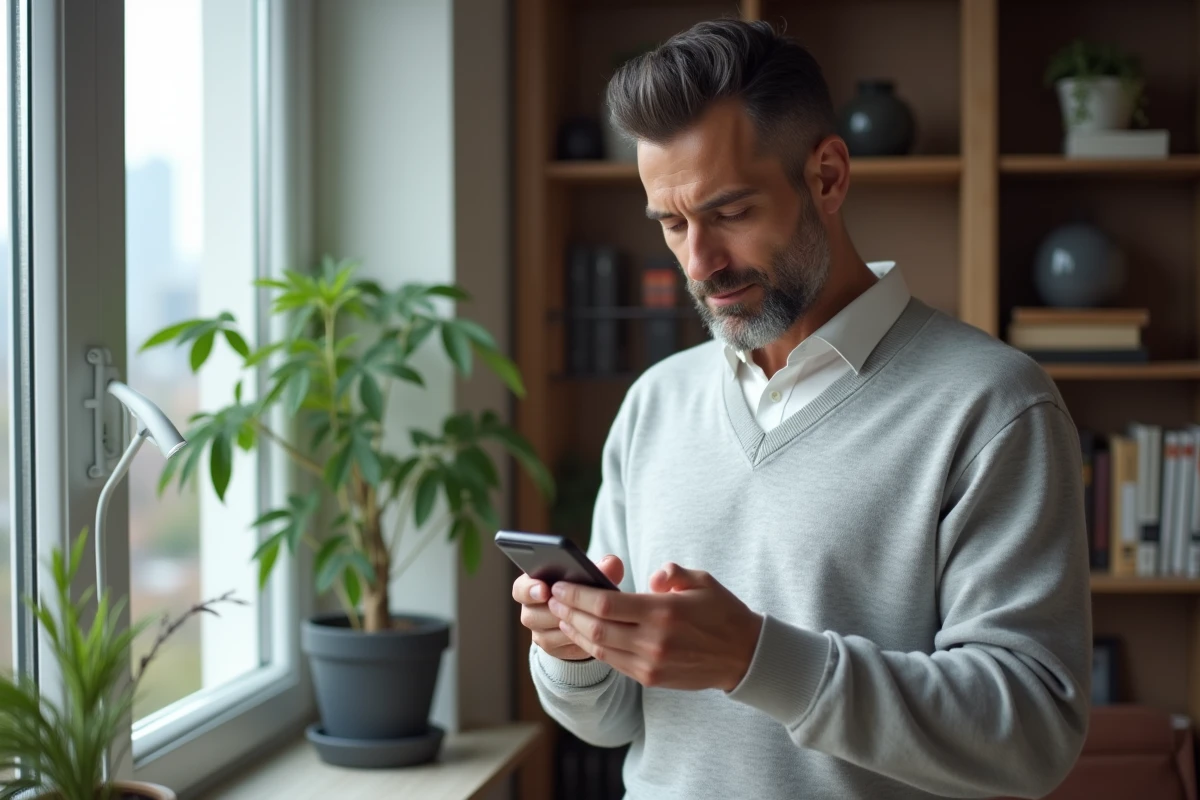 Homme vérifiant un code sur son smartphone dans un bureau domestique