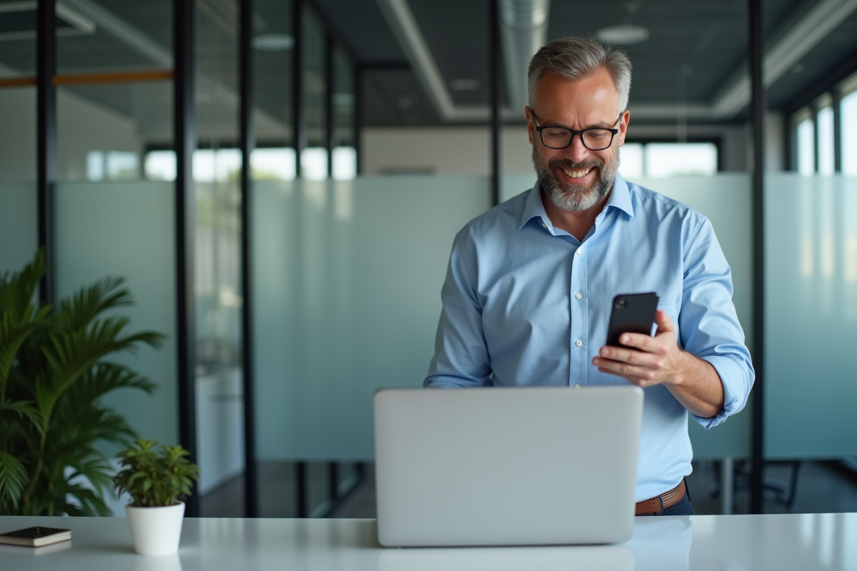 Homme vérifiant son smartphone pour la sécurité en milieu professionnel