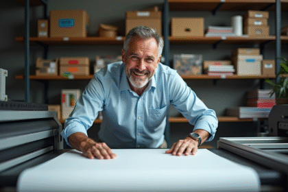 Homme d'âge moyen inspectant une impression dans un atelier moderne