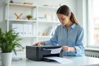 Femme utilisant une imprimante à réservoir d'encre économique dans un bureau moderne