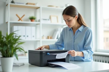 Femme utilisant une imprimante à réservoir d'encre économique dans un bureau moderne