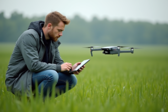 Jeune ingénieur en plein air avec drone quadcopter