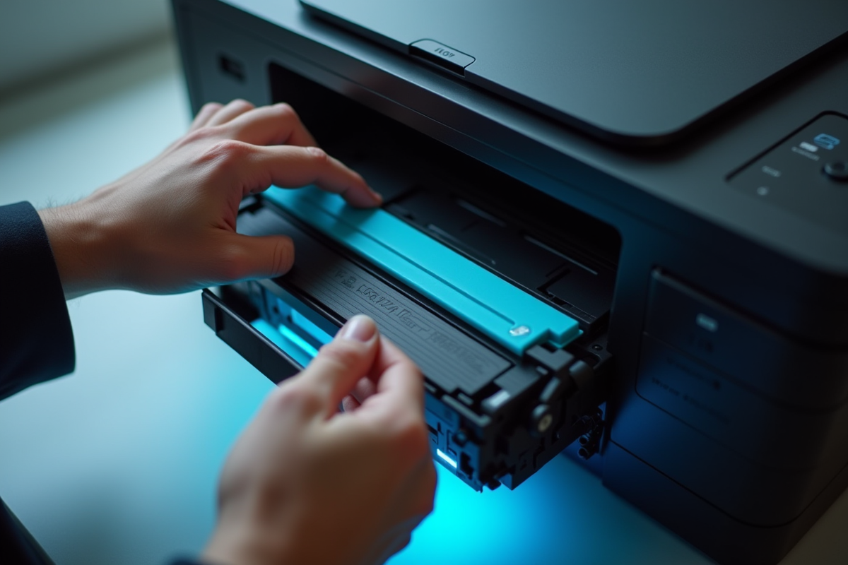 Main installant une cartouche de toner cyan dans une imprimante