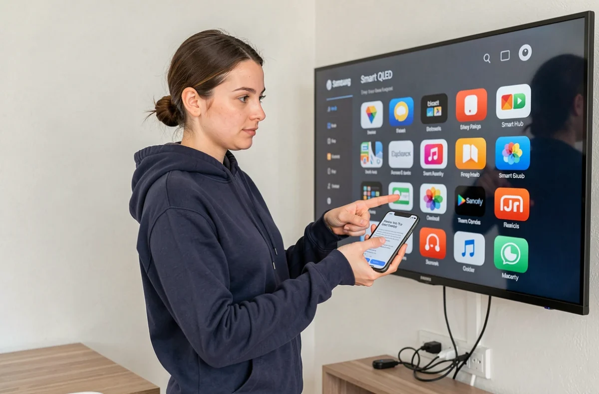 Femme installant une nouvelle application sur une Smart TV Samsung en suivant un guide sur son smartphone