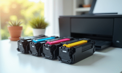 Quatre cartouches de toner colorées sur un bureau lumineux