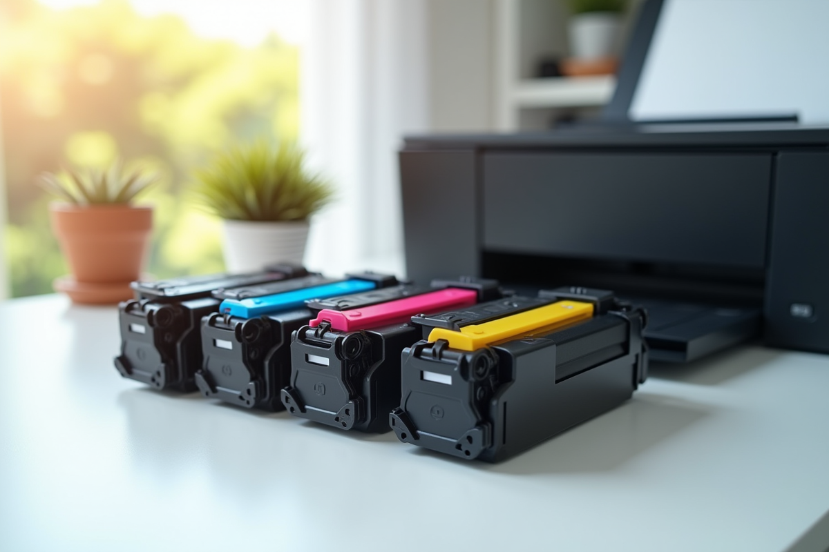 Quatre cartouches de toner colorées sur un bureau lumineux