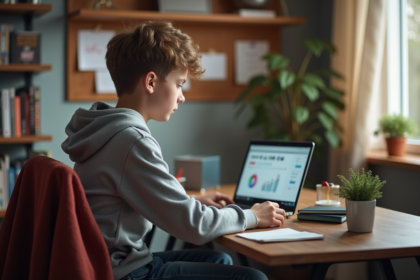 Jeune garçon en hoodie étudiant sur un bureau moderne