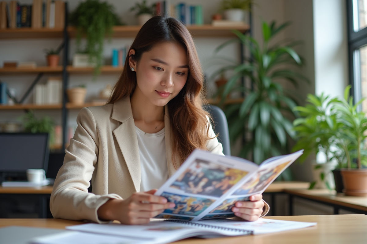 Jeune femme vérifiant des brochures imprimées dans un bureau lumineux