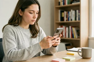 Jeune femme évaluant le Xiaomi 15 à son bureau, comparant le rapport qualité-prix du smartphone