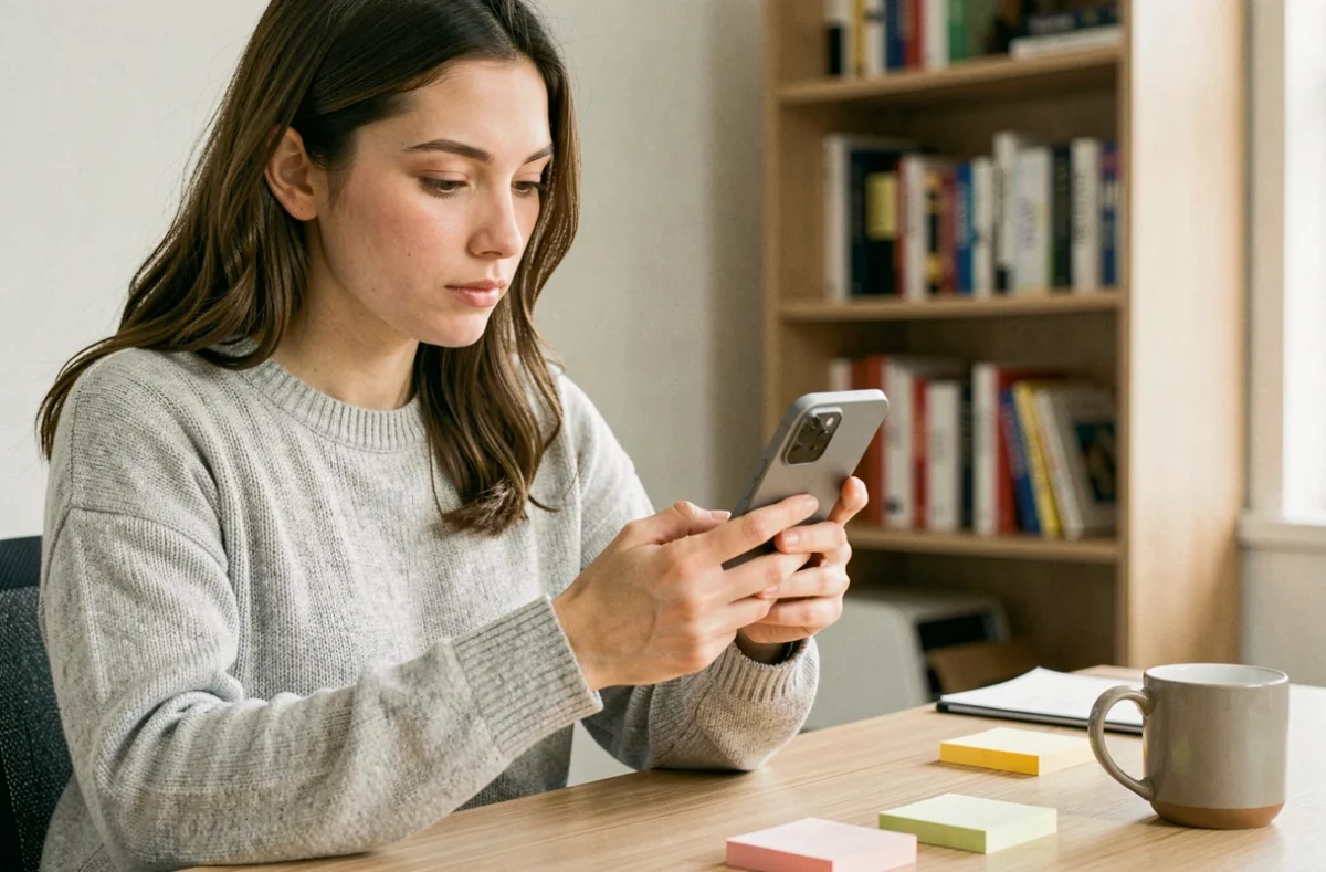 Jeune femme évaluant le Xiaomi 15 à son bureau, comparant le rapport qualité-prix du smartphone