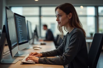 Jeune femme en bureau moderne personnalise ses raccourcis clavier