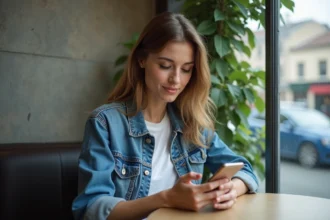 Jeune femme en denim et t-shirt regarde son smartphone au café
