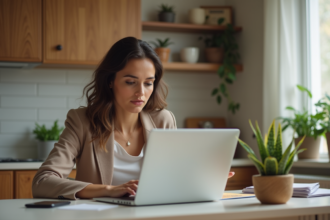 Jeune femme professionnelle consulte une page Genius sur son ordinateur