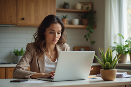 Jeune femme professionnelle consulte une page Genius sur son ordinateur