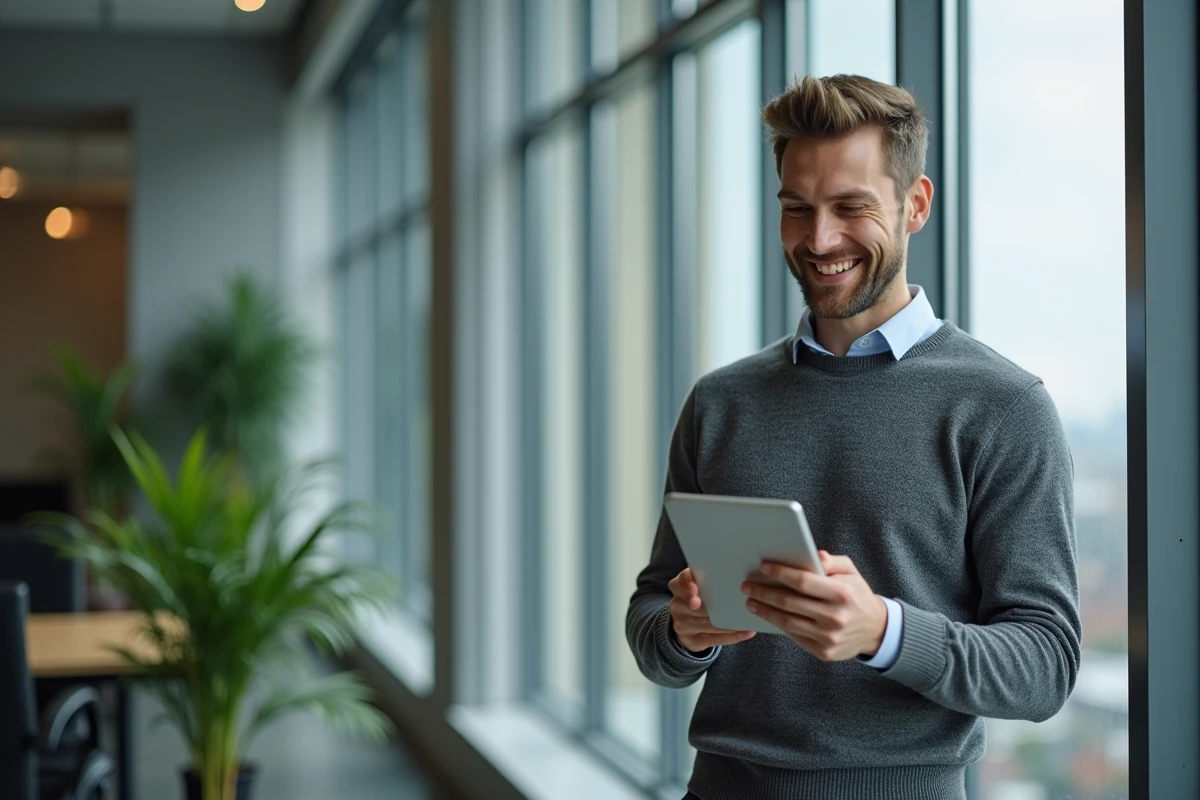 Jeune homme vérifiant ses emails dans un bureau moderne
