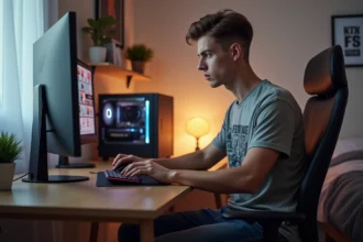 Jeune homme concentré sur son ordinateur gaming dans une chambre moderne