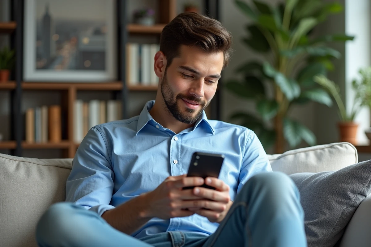 Jeune homme utilisant son iPhone dans le salon