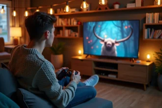 Jeune homme en jeans et pull Hoginspired regarde la télé
