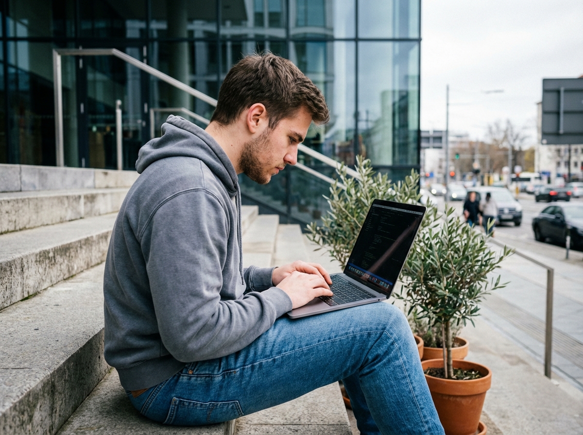 Jeune homme avec hoodie travaillant dehors sur un ordinateur portable